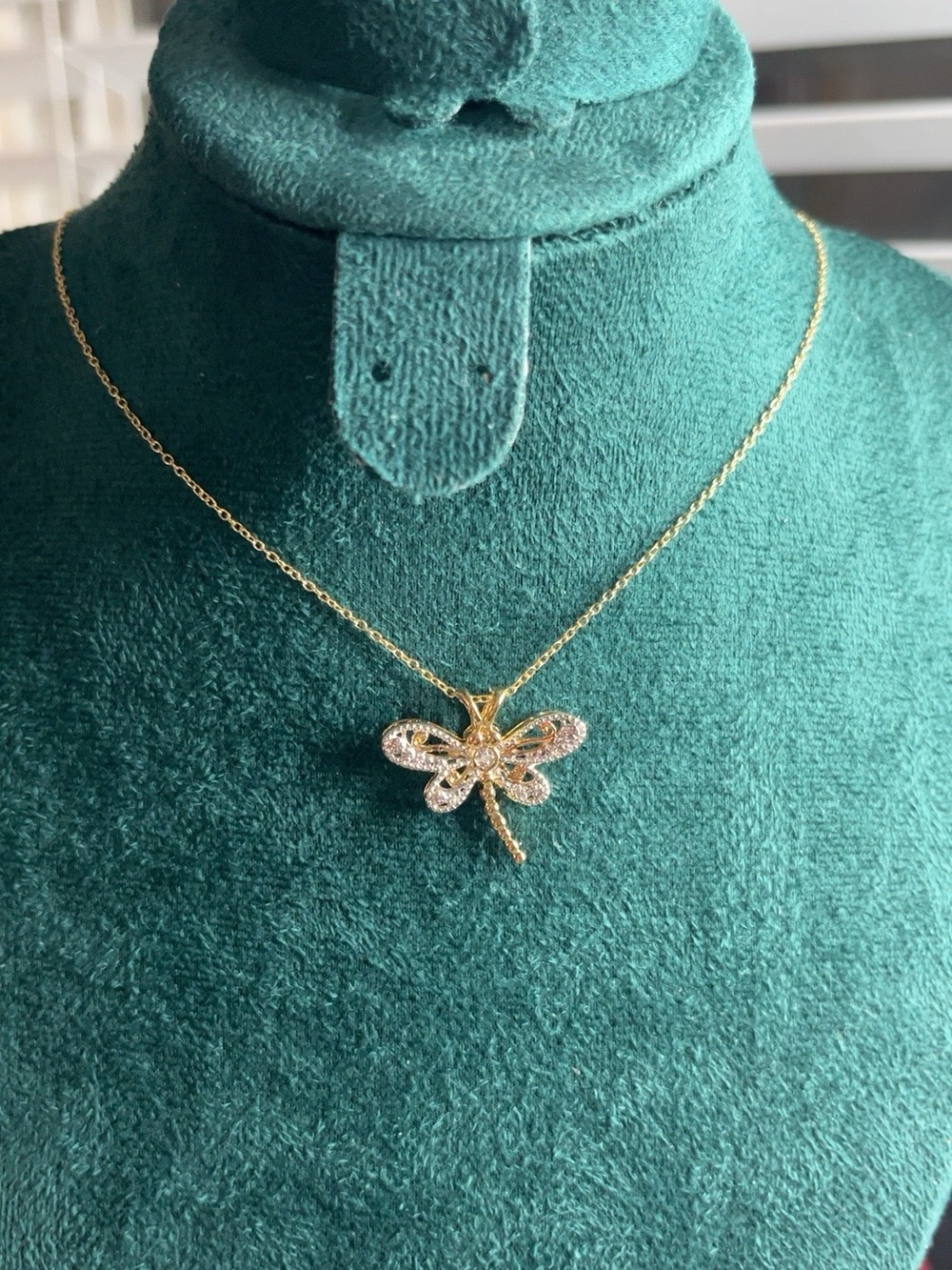 18K Gold Over 925 Sterling Silver Diamond Accent Dragonfly Necklace 18”